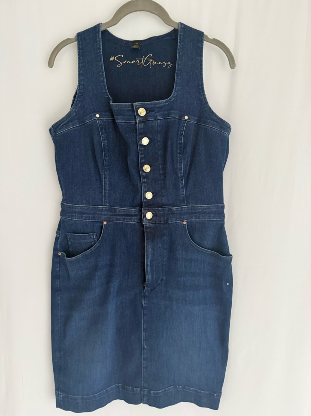 GUESS Stretch Denim Mini Dress Gold Button Front Structured Waist Y2K Jean Dress - Picture 12 of 17